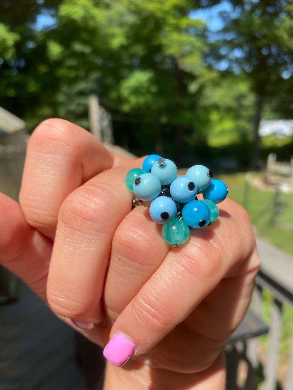 Vintage Playful Turquoise and Aqua Cluster Bead Cha-cha Stretchy Ring